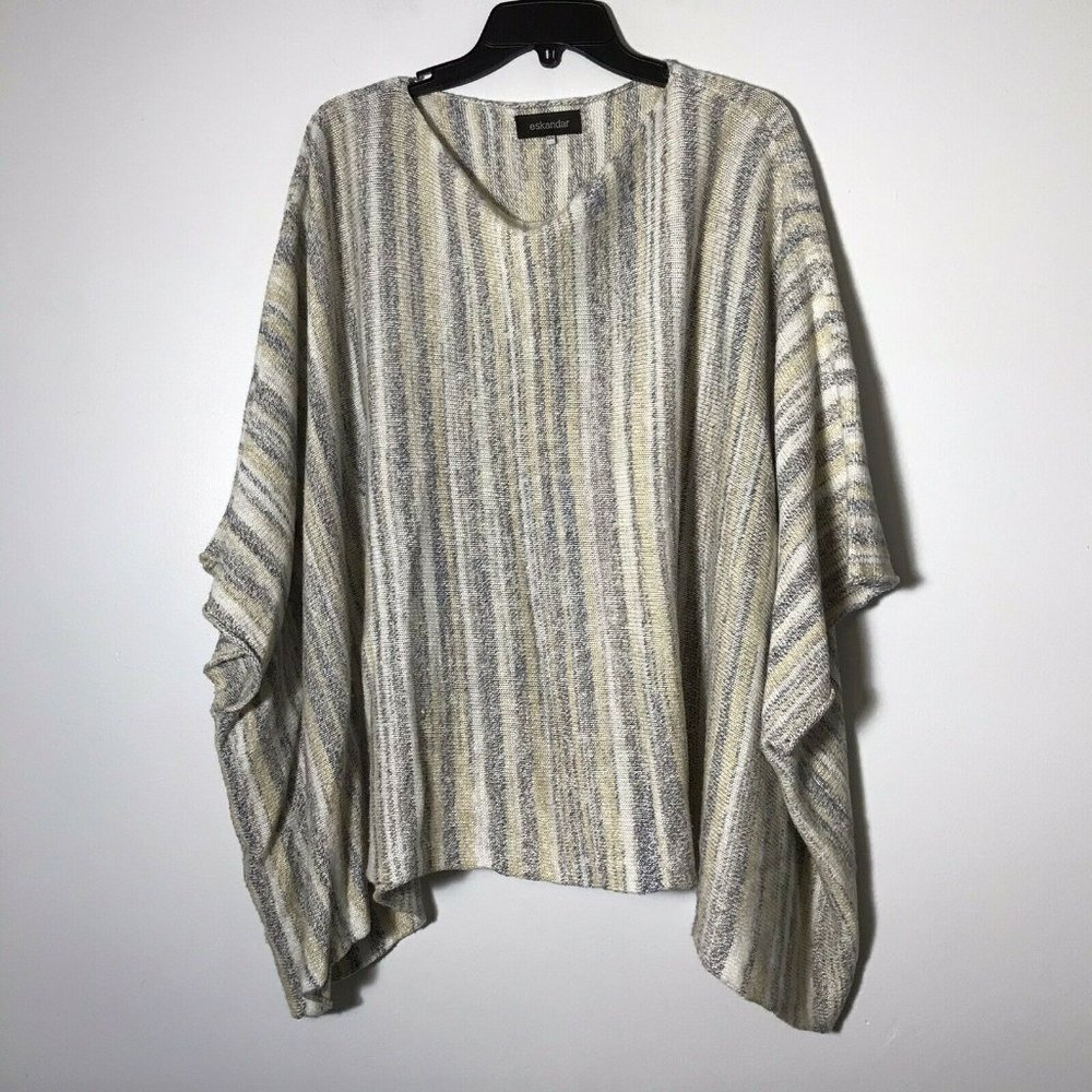 EUC Eskandar Handloomed Linen Striped Yellow White Gray One Size Poncho Sweater